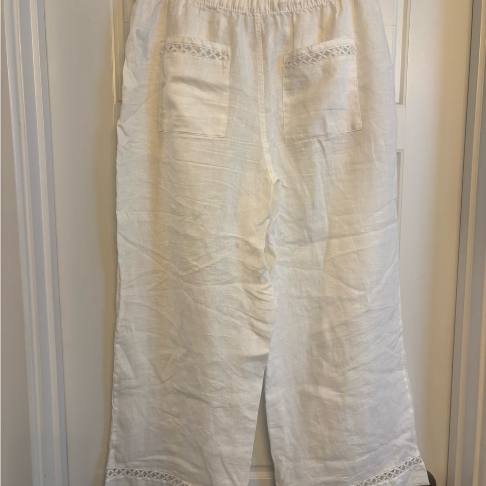 White Linen Pants with Lattice Trim